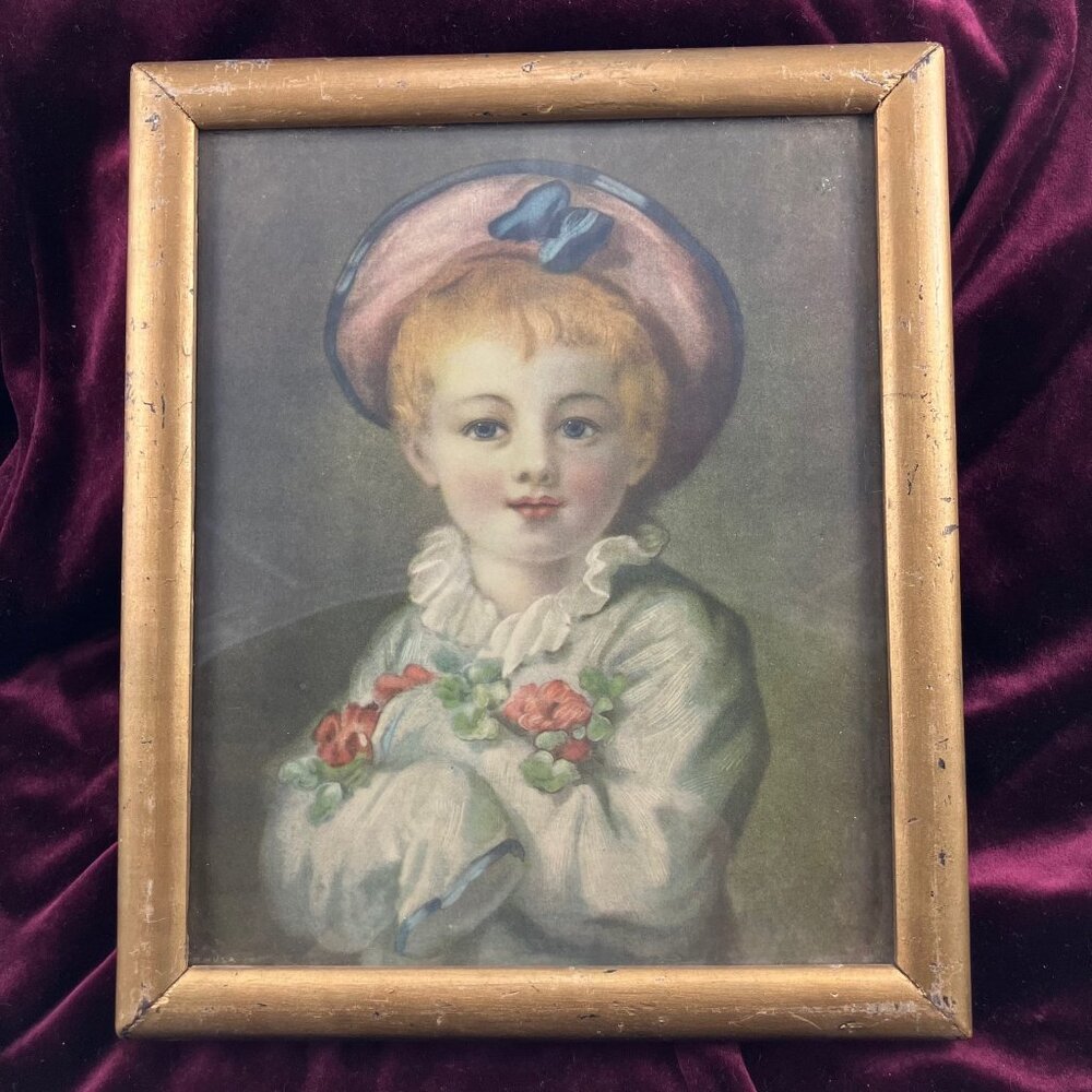 Vtg Framed Print Picture Boy with Flowers Jean-Honoré Fragonard